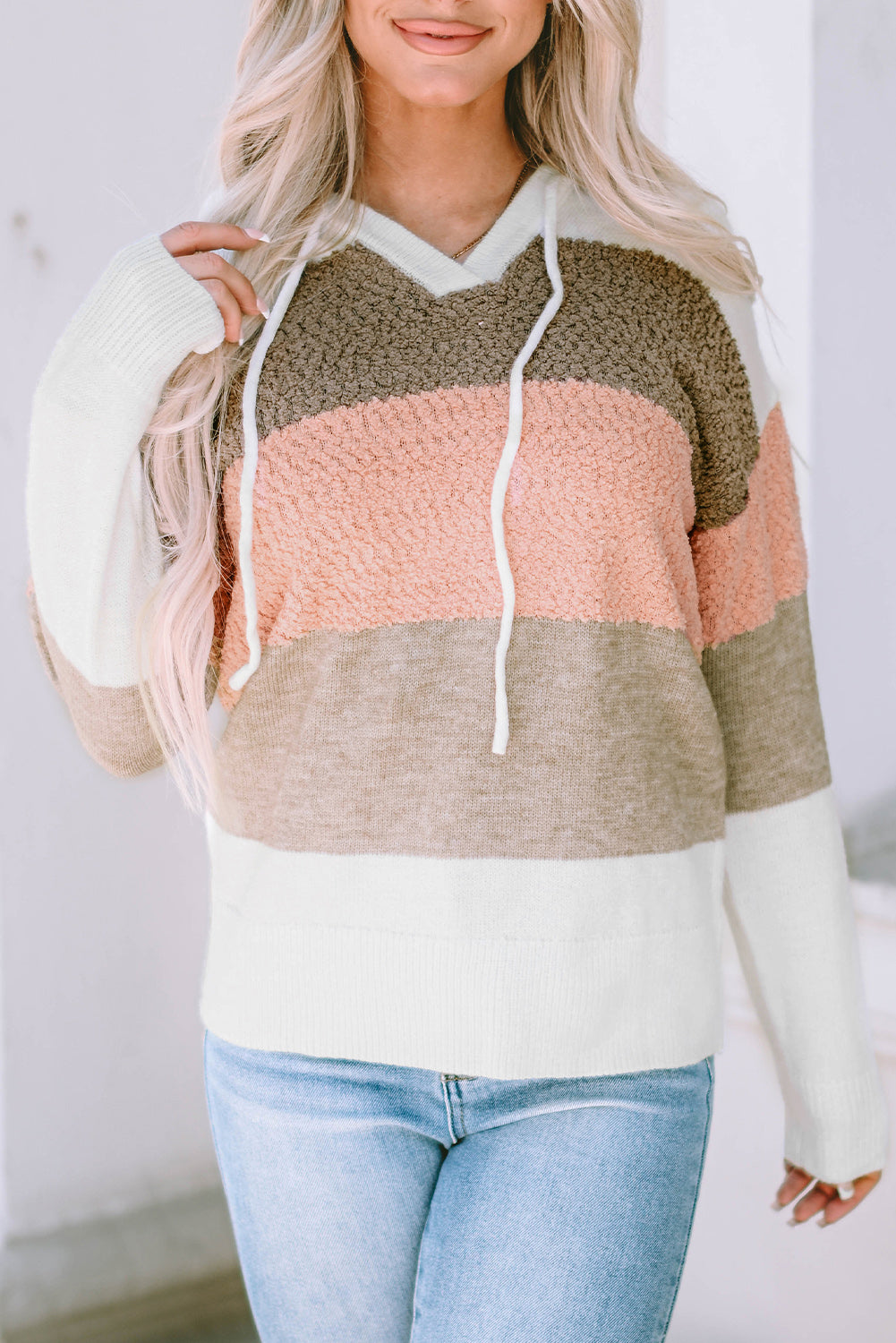 Pink Color Block Knitted Drawstring Hooded Sweater