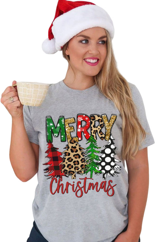 Camiseta gráfica con cuello redondo y estampado de árbol de Navidad en color gris 