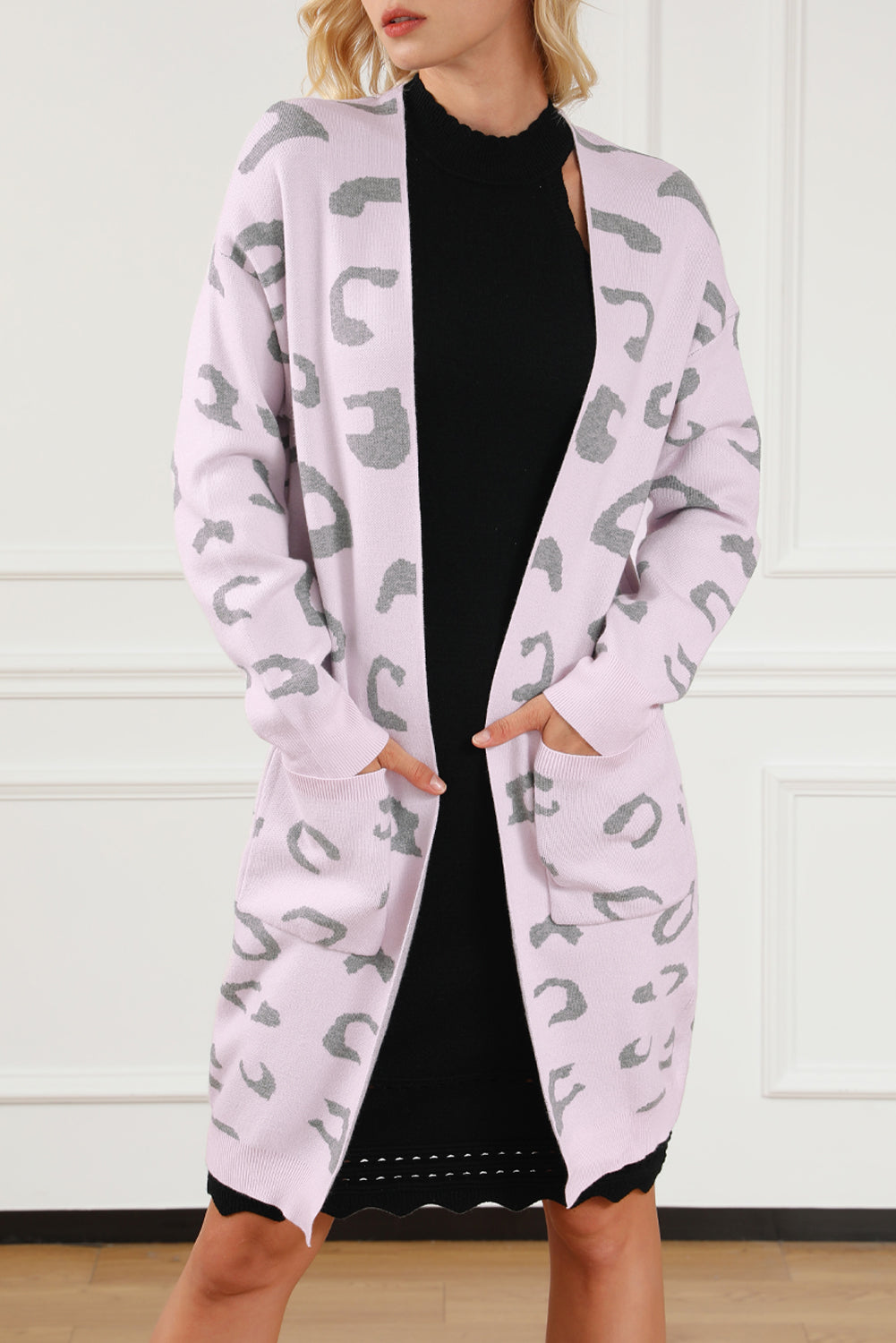 Pink Leopard Pocketed Open Front Long Cardigan