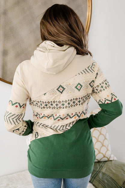 Sudadera con capucha y parches geométricos en bloques de color verde negruzco