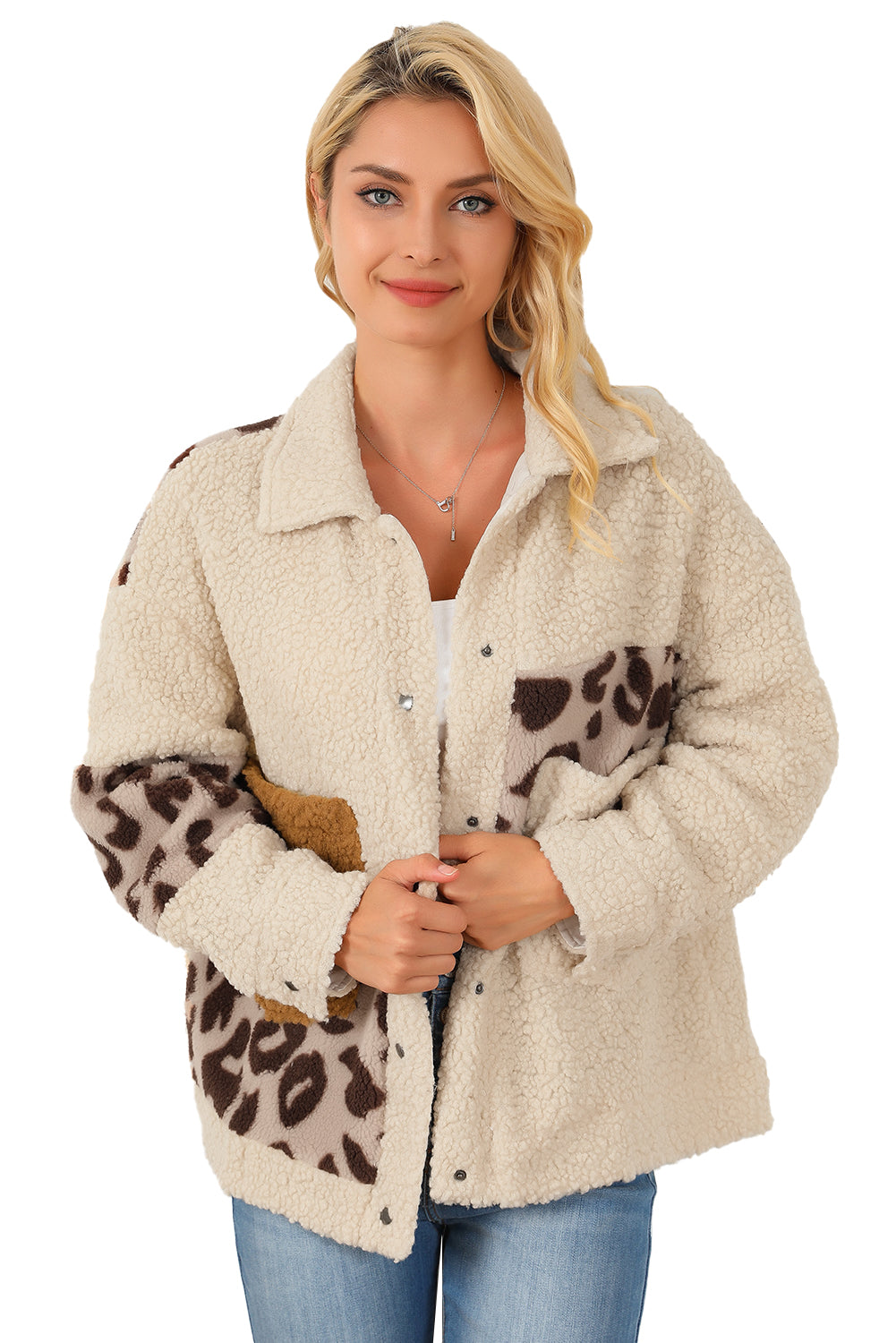 Beige Leopard Patchwork Snap Buttons Sherpa Jacket