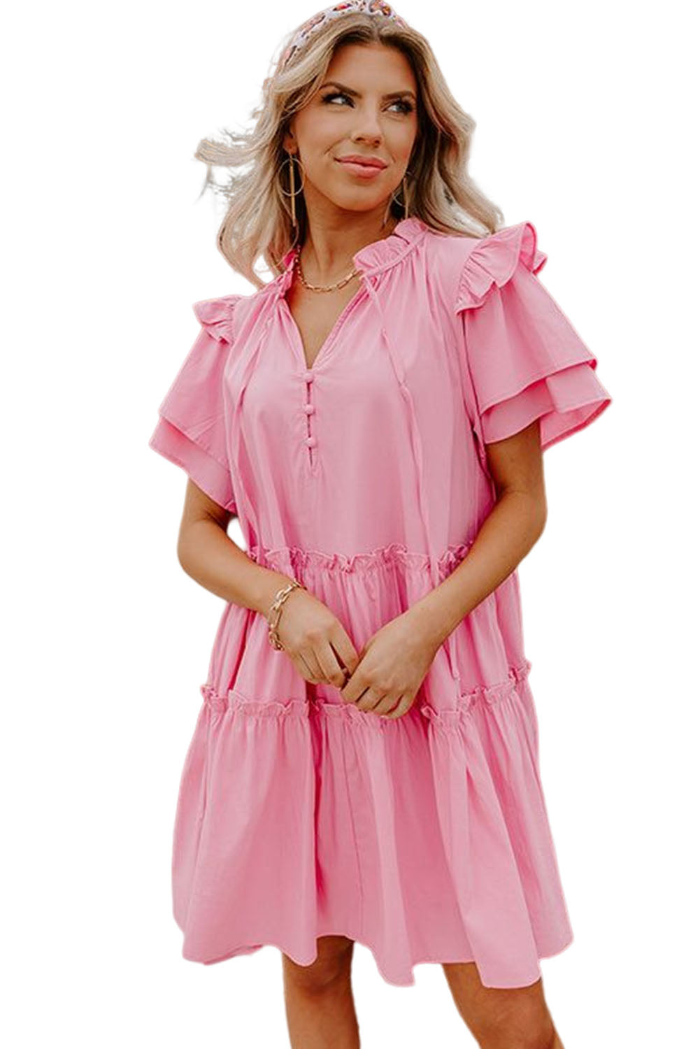 Pink V Neck Layered Ruffled Sleeves Mini Dress