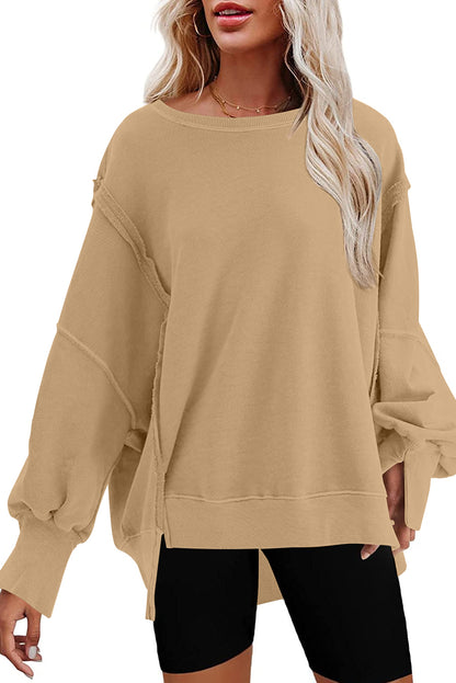 Khaki Exposed Seam Drop Shoulder Slit High Low Hem Sweatshirt