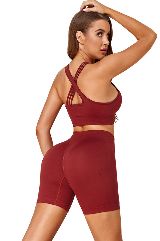 Brown Ribbed High Waist Compression Yoga Shorts Set