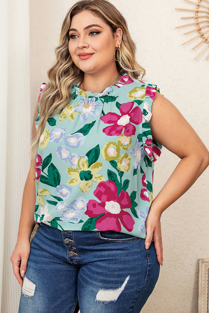 Multicolor Plus Size Floral Print Ruffle Trim Tank Top