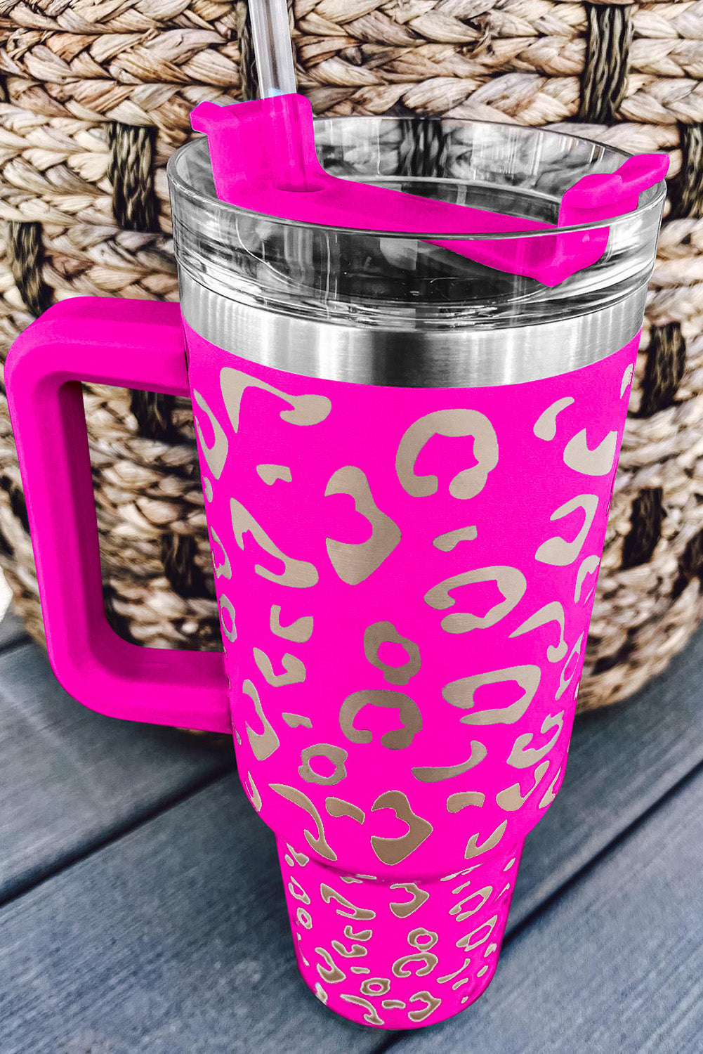 Taza de acero inoxidable 304 con doble aislamiento y manchas de leopardo rosa de 40 oz