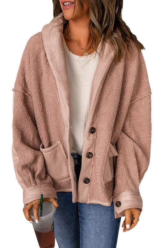 Pink Suede Sherpa Patchwork Buttoned Loose Jacket