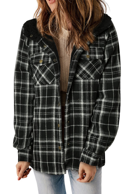 Gray Plaid Pattern Sherpa Lined Hooded Shacket