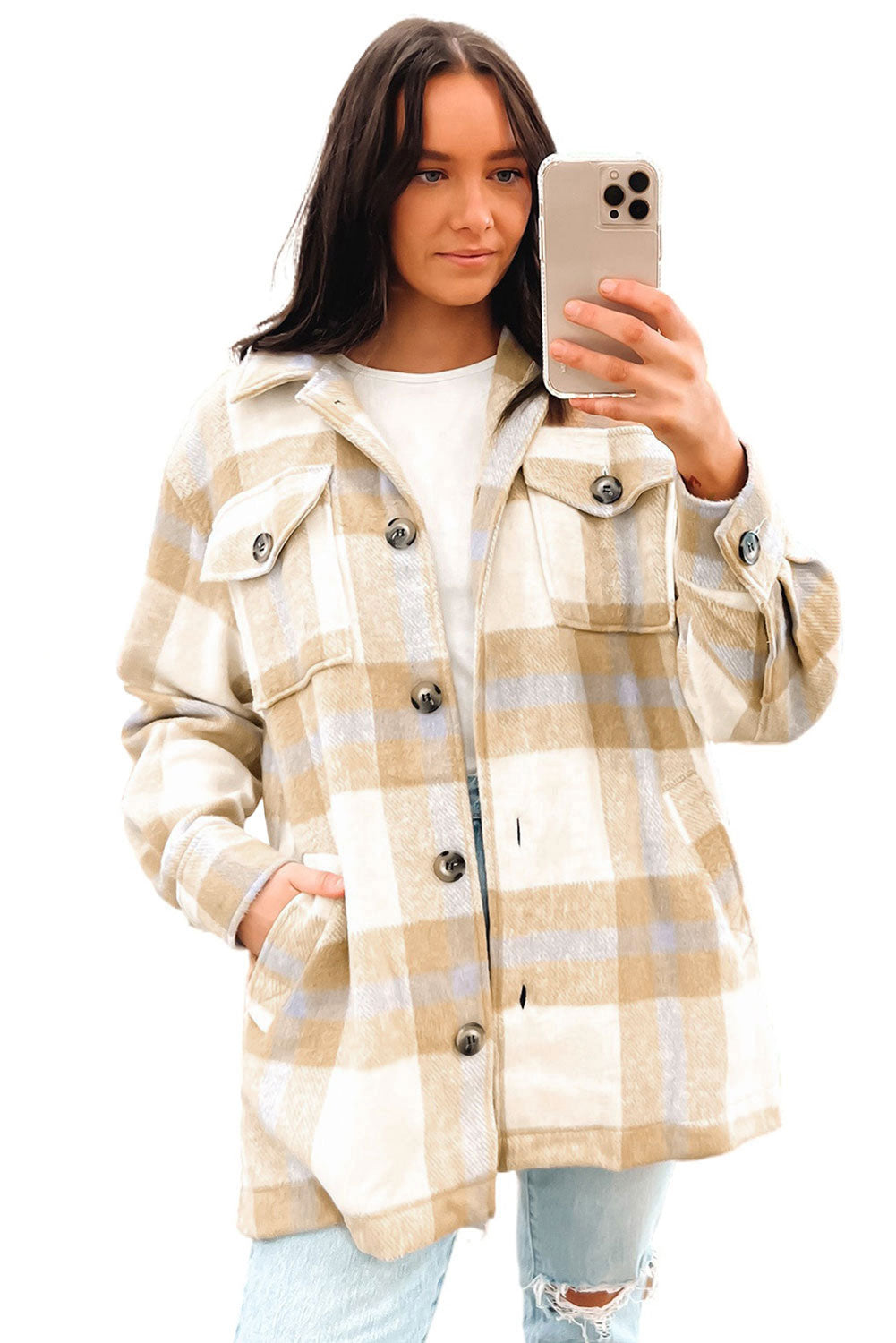 This stylish shacket is sure to be your fashion fave! Its iconic plaid print and button-up closure are bang on-trend, and the flap pockets add a fashion-forward flair. You can style it up with a sweatshirt and jeans to create a look that's killer! 100% Polyester Khaki or Black.