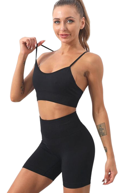 Black Spaghetti Straps Seamless Yoga Short Set