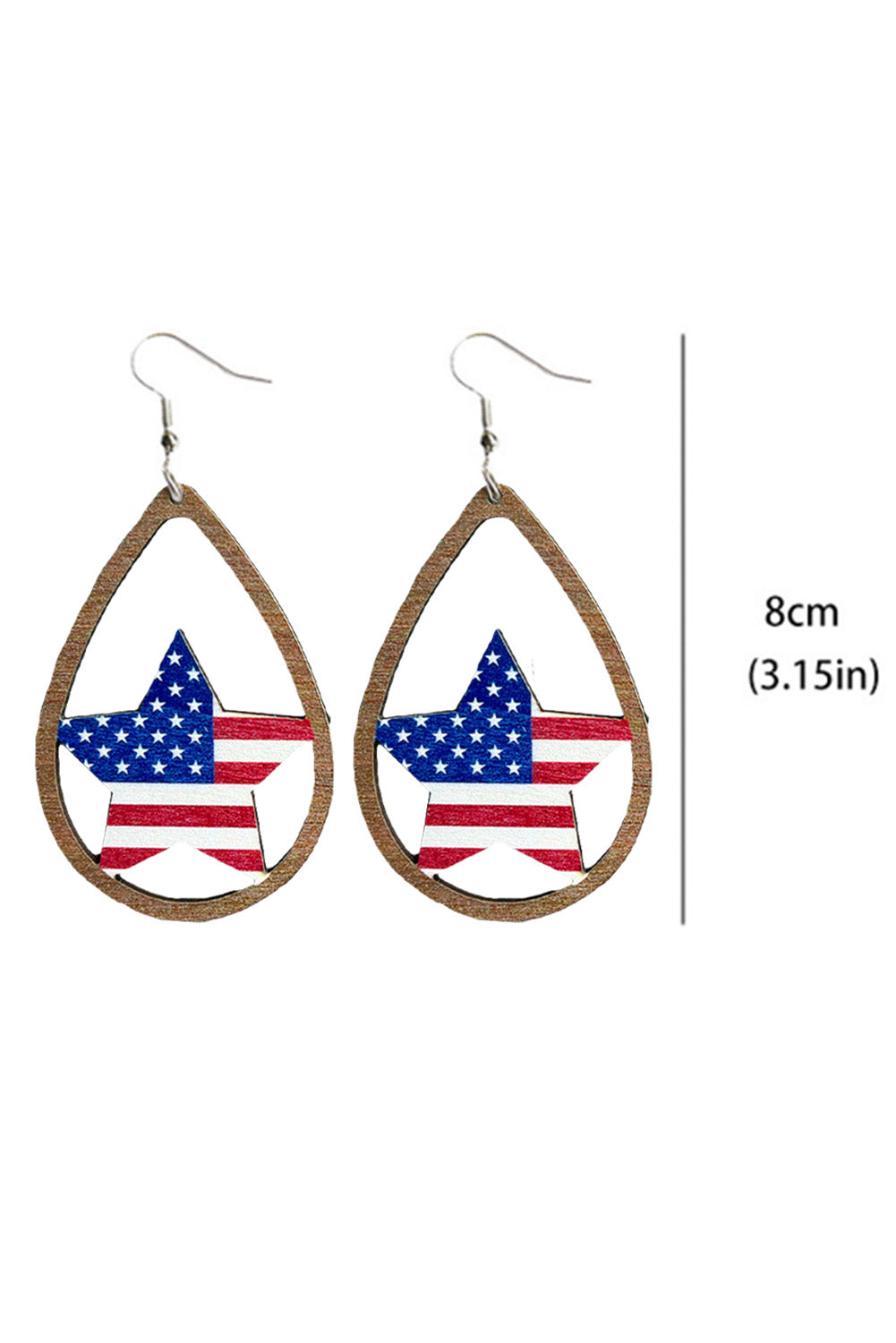 Pendientes colgantes de madera ahuecados con forma de corazón y bandera estadounidense roja