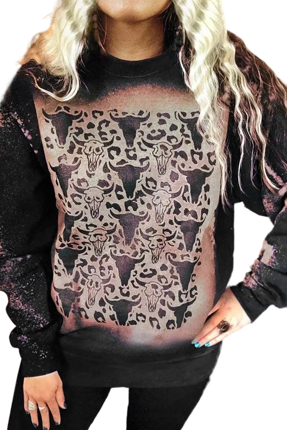 Rock this Bleached Pullover Graphic Sweatshirt for any occasion. It's perfect for a night out, a day in, or just chillin' with friends. Featuring a crew neckline, bleached prints, and a relaxed fit, you'll be stylin' no matter what you pair it with (from jeans to leggings and skirts). Get it now in black from Moodz Boutique, made out of 95% Poly and 5% Elastane.