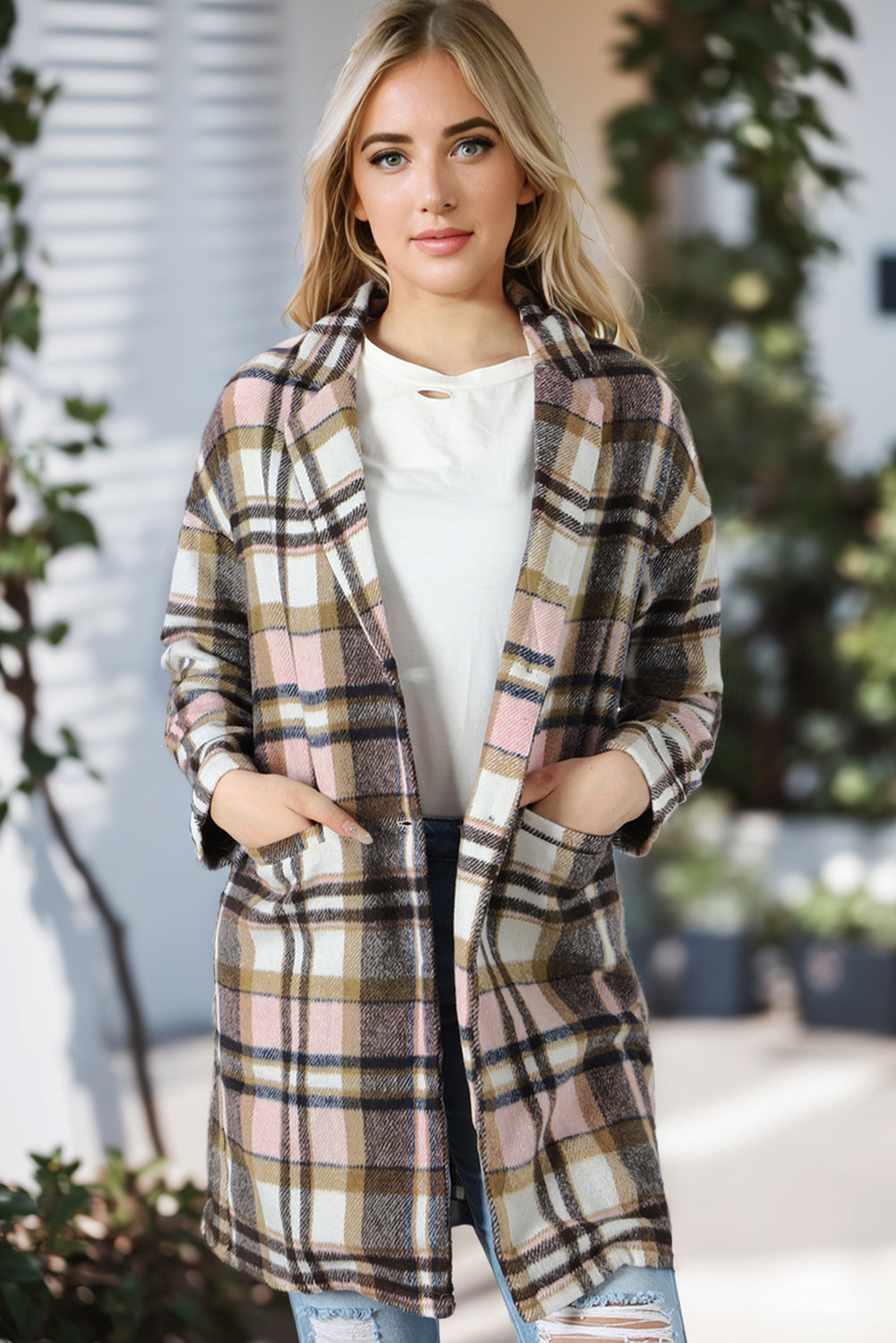 Pink Plaid Button Up Lapel Jacket