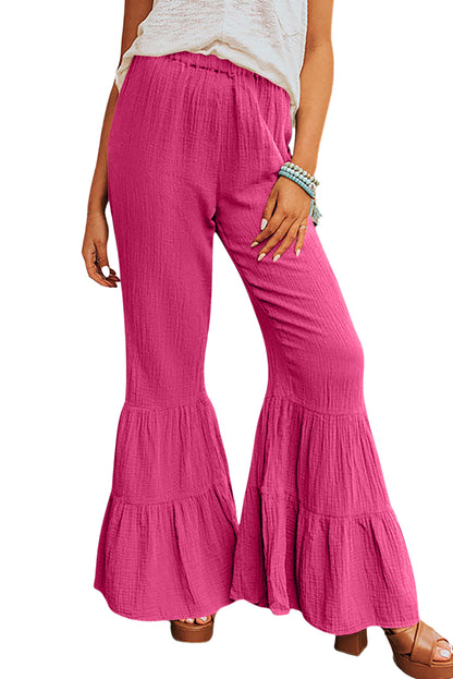 Sashay into the room with these stylish, textured high-waist pants and flaunt those frilly bell bottoms! Comfy with a soft waistband, these pants are ultra-versatile, so you can dress 'em up or down. 100% Cotton in Green, Rose, or classic Black? Talk about a win-win!