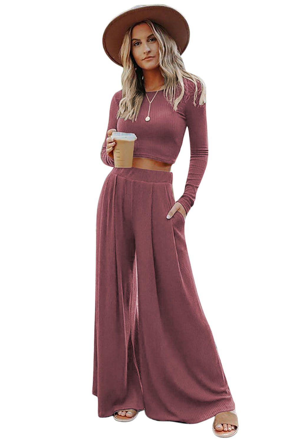 This two-piece set offers outrageous versatility and convenient mixing-and-matching! With the stylish crop top and the trendiest wide legs, you'll make a fashion statement. Plus, the high waist design adds a slimming and flattering effect - it's a total knockout! 65% Polyester, 25% Viscose, 10% Elastane in colors like Pink, Gray, or Black - pick your fave!