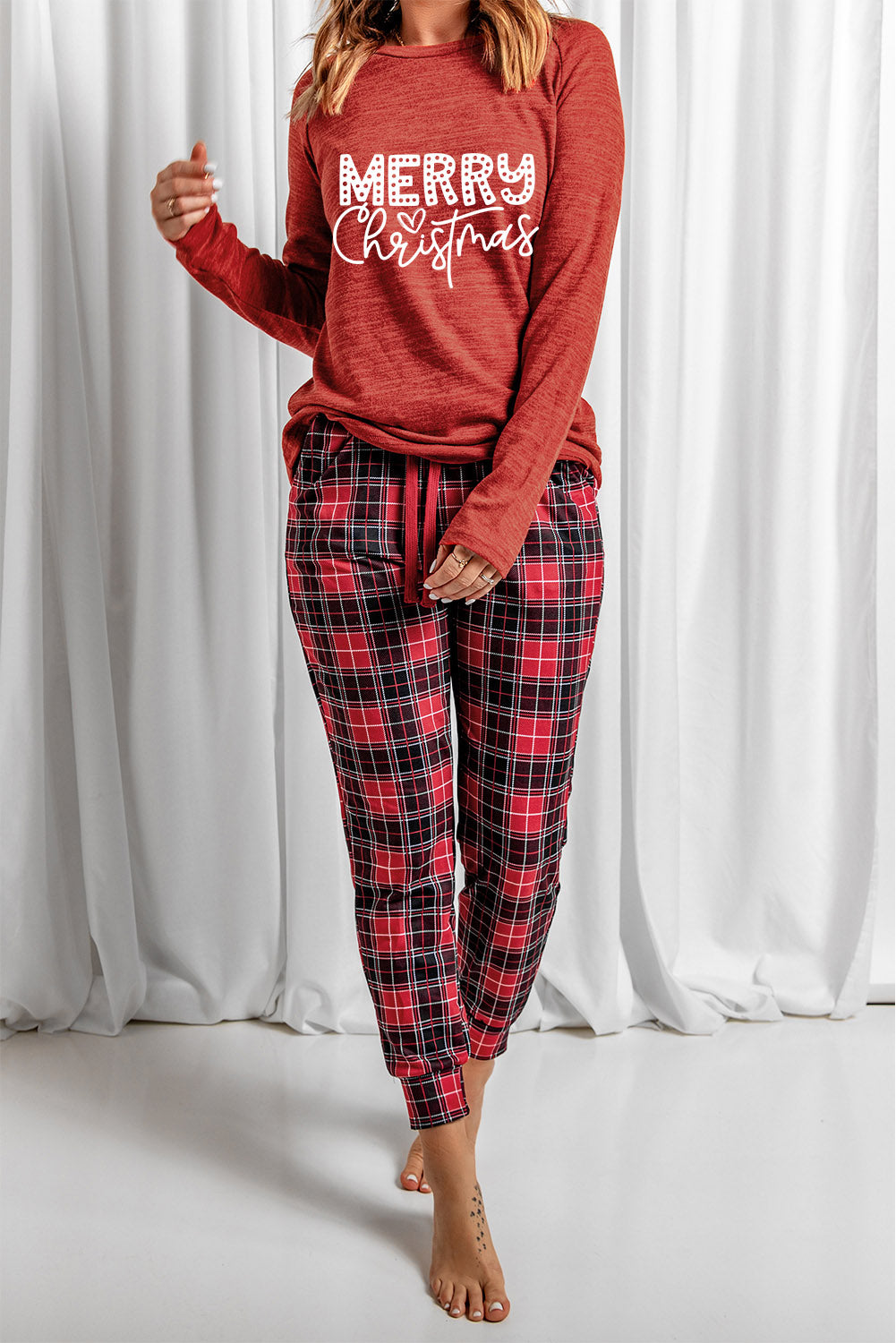 Conjunto de pantalón y top a cuadros con gráfico navideño rojo FELIZ