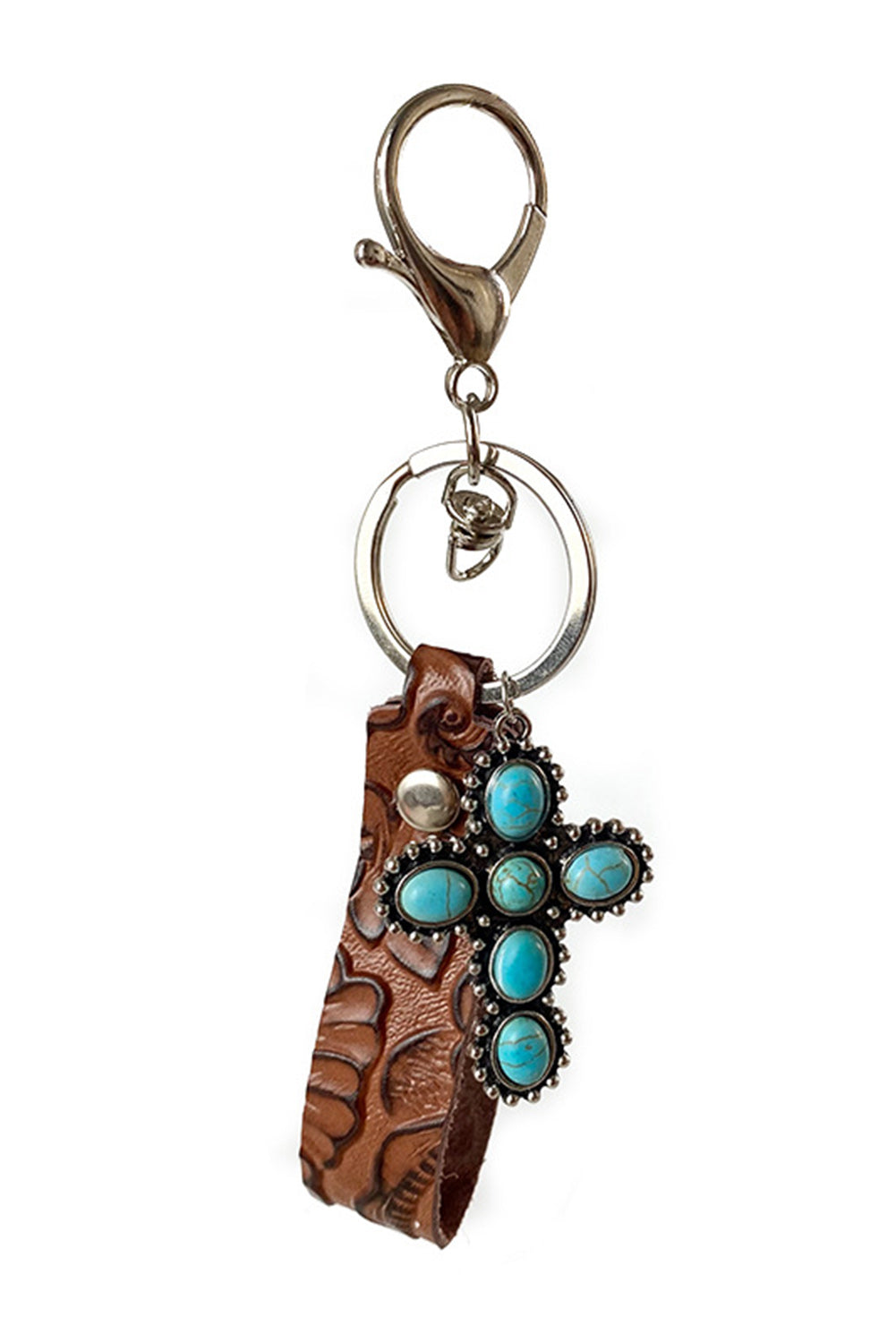 Brown Vintage Embossed Turquoise Leather Key Chain