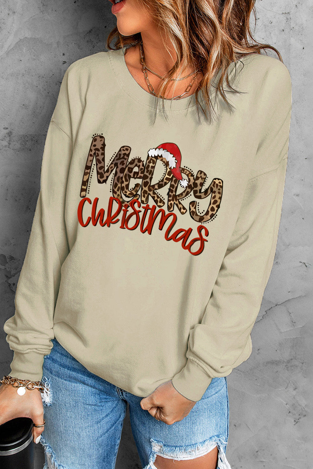 Gray Christmas Letter Plaid Car Graphic Print Pullover Sweatshirt