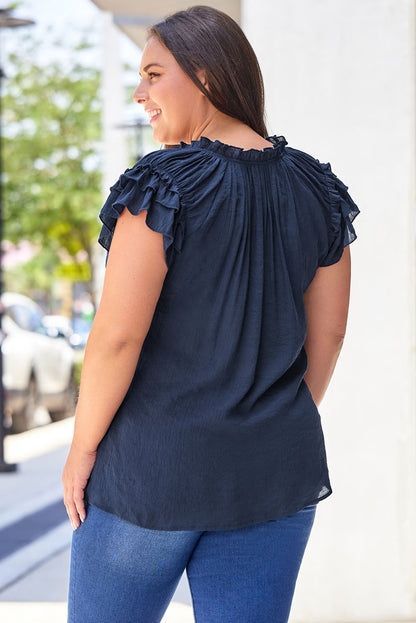 Ruffled Sleeve Drawstring V-Neck Blouse