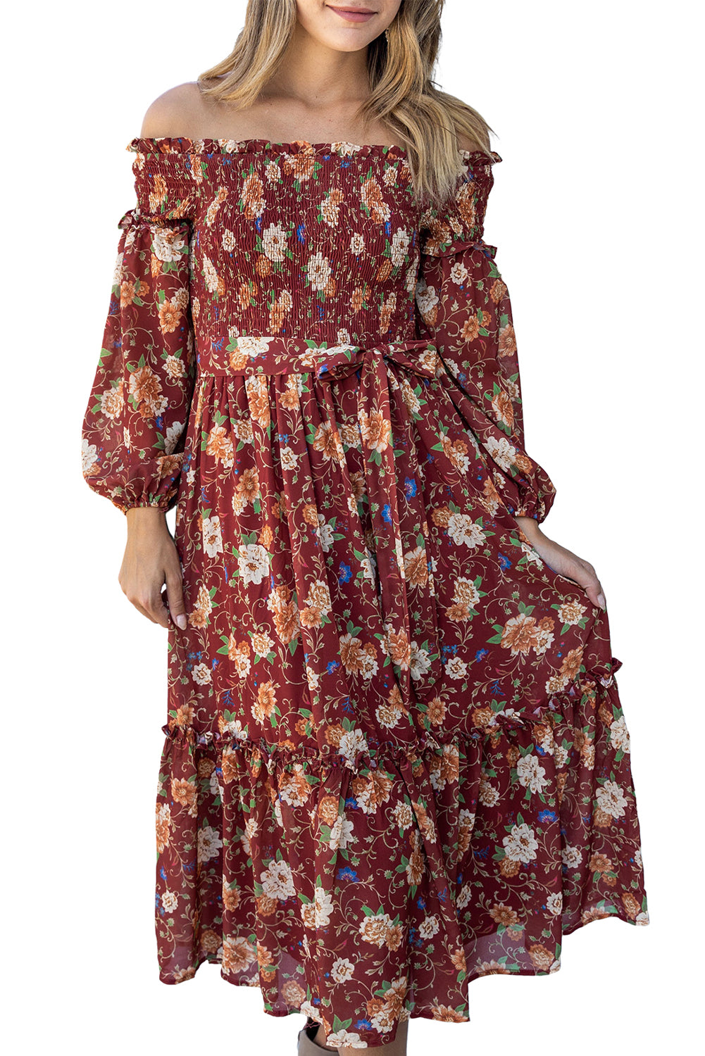 Vestido floral de talle alto con nudo y fruncido con volantes Ruby 