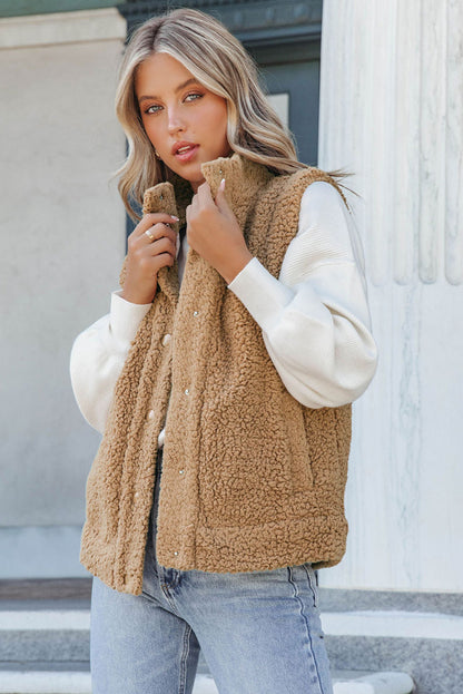 Brown Snap Button Pocketed Sherpa Vest Jacket