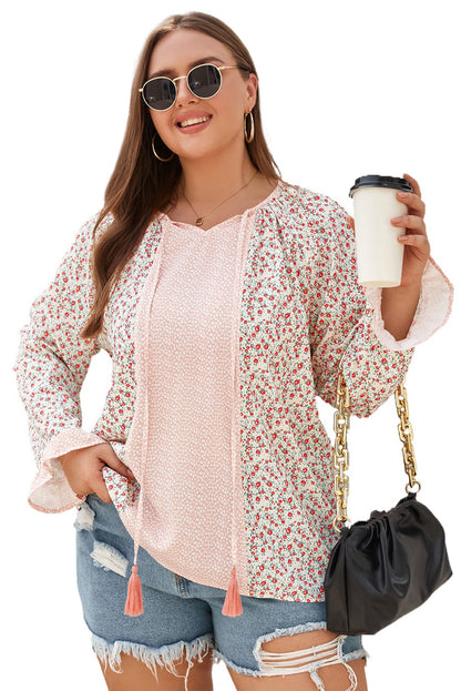 Pink Dotty Floral Patchwork Plus Size Long Sleeve Blouse