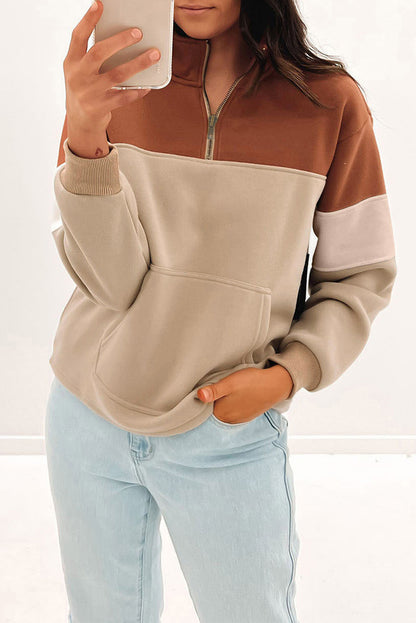 Khaki Color Block Zip Mock Neck Pocketed Sweatshirt