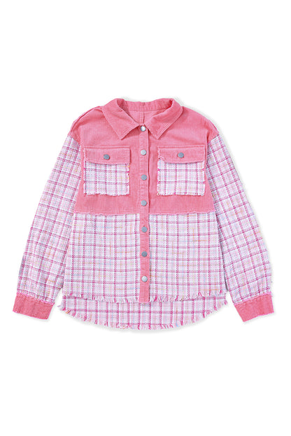 Chaqueta abotonada con patchwork de cuadros y tweed deshilachado en rosa 