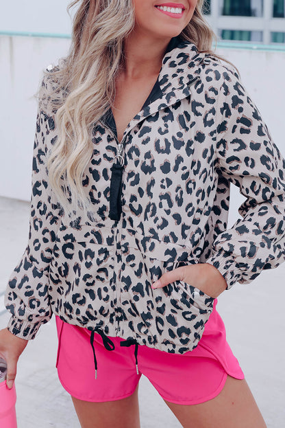 Leopard Zip Up Collared Hooded Windbreaker