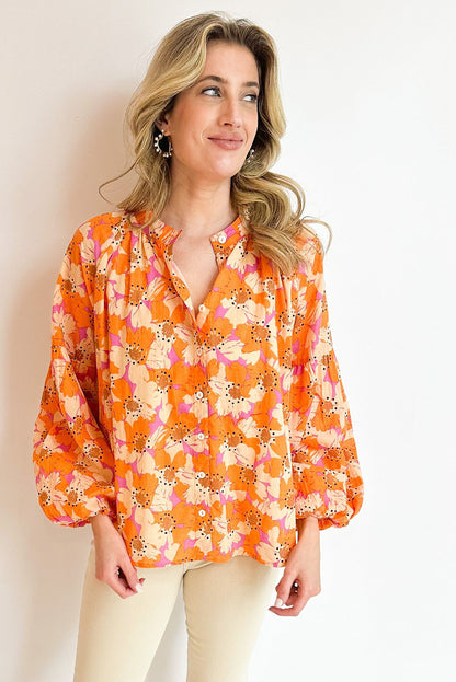 Camisa de manga suelta con estampado floral naranja