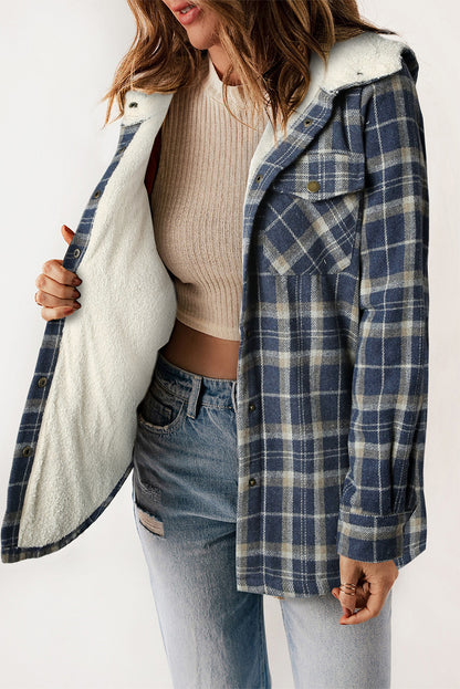 Gray Plaid Pattern Sherpa Lined Hooded Shacket