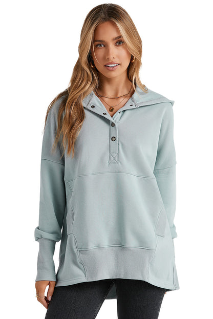 Turquoise Batwing Sleeve Pocketed Henley Hoodie