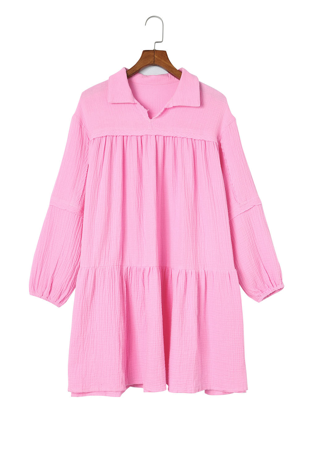 Pink Turn-down Neck Textured Bubble Sleeve Dress