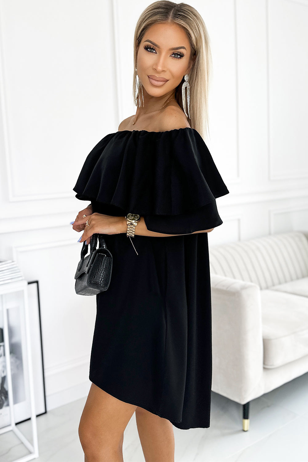 Black Off The Shoulder Ruffle Casual Shift Dress