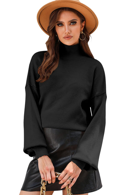 Brown Turtleneck Drop Shoulder Bubble Sleeve Knit Sweater