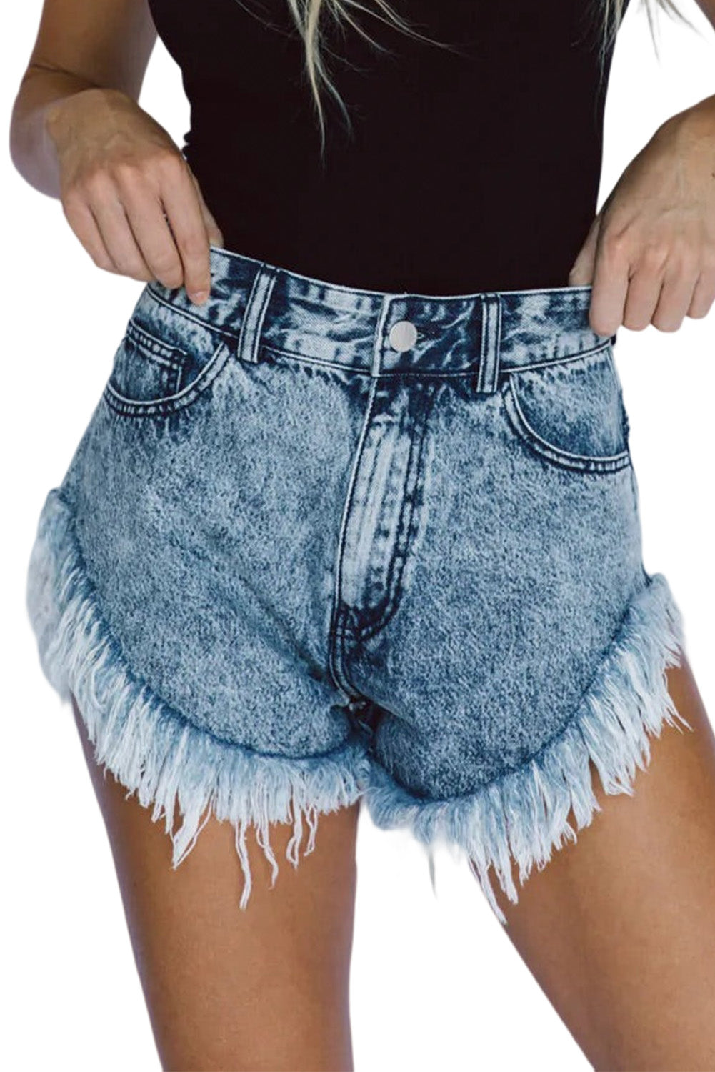 These acid-wash jean shorts will have 'em swooning! Their classic hue and sizzling fit will make sure you always look your best. The rounded hem with raw detail is a unique touch that won't go unnoticed. Slip into a pair and strut your stuff - you'll be looking fly AF from your waist to your thighs.