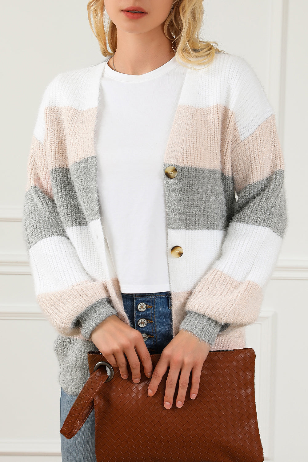 Stripe Color Block Button Front Fuzzy Knit Cardigan