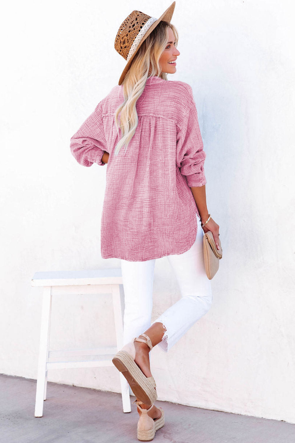 Pink Crinkle Textured Loose Henley Top