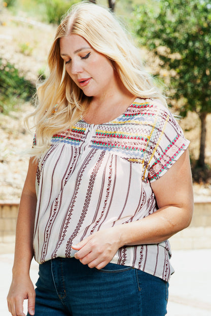 Multicolor Plus Size Boho Floral Striped Print Blouse