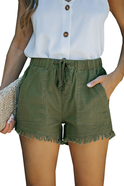 Green Casual Pocketed Frayed Denim Shorts