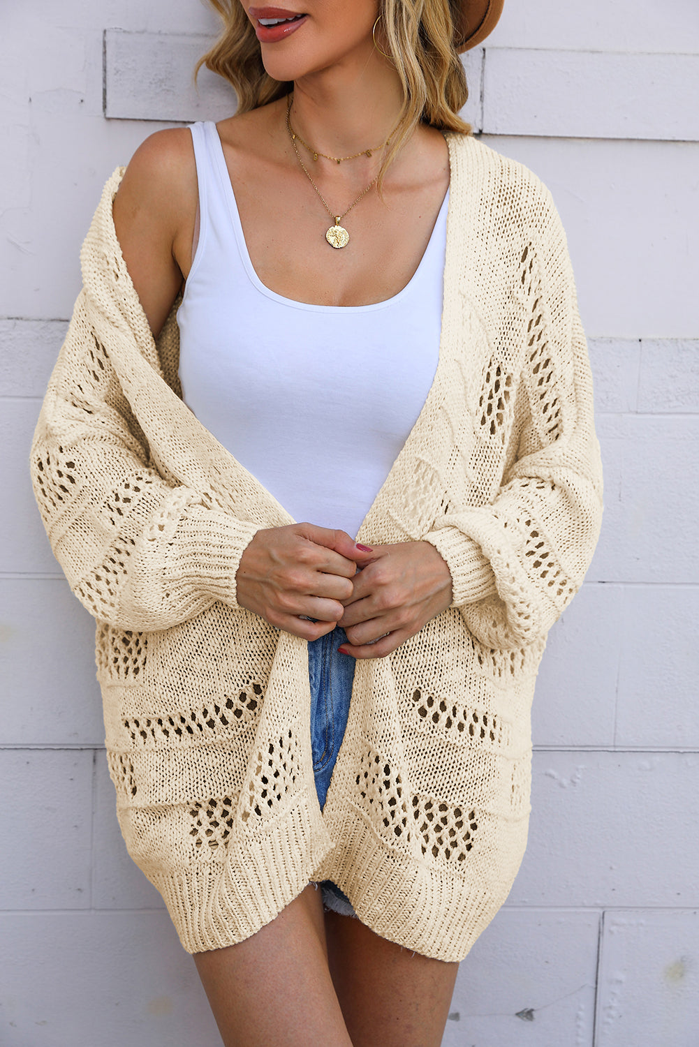 Hollowed Knit Dolman Sleeve Cardigan