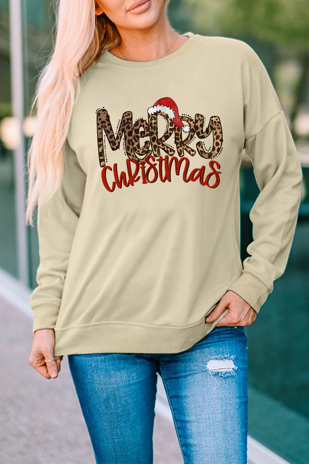 Gray Christmas Letter Plaid Car Graphic Print Pullover Sweatshirt