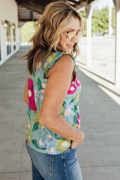 Multicolor Plus Size Floral Print Ruffle Trim Tank Top