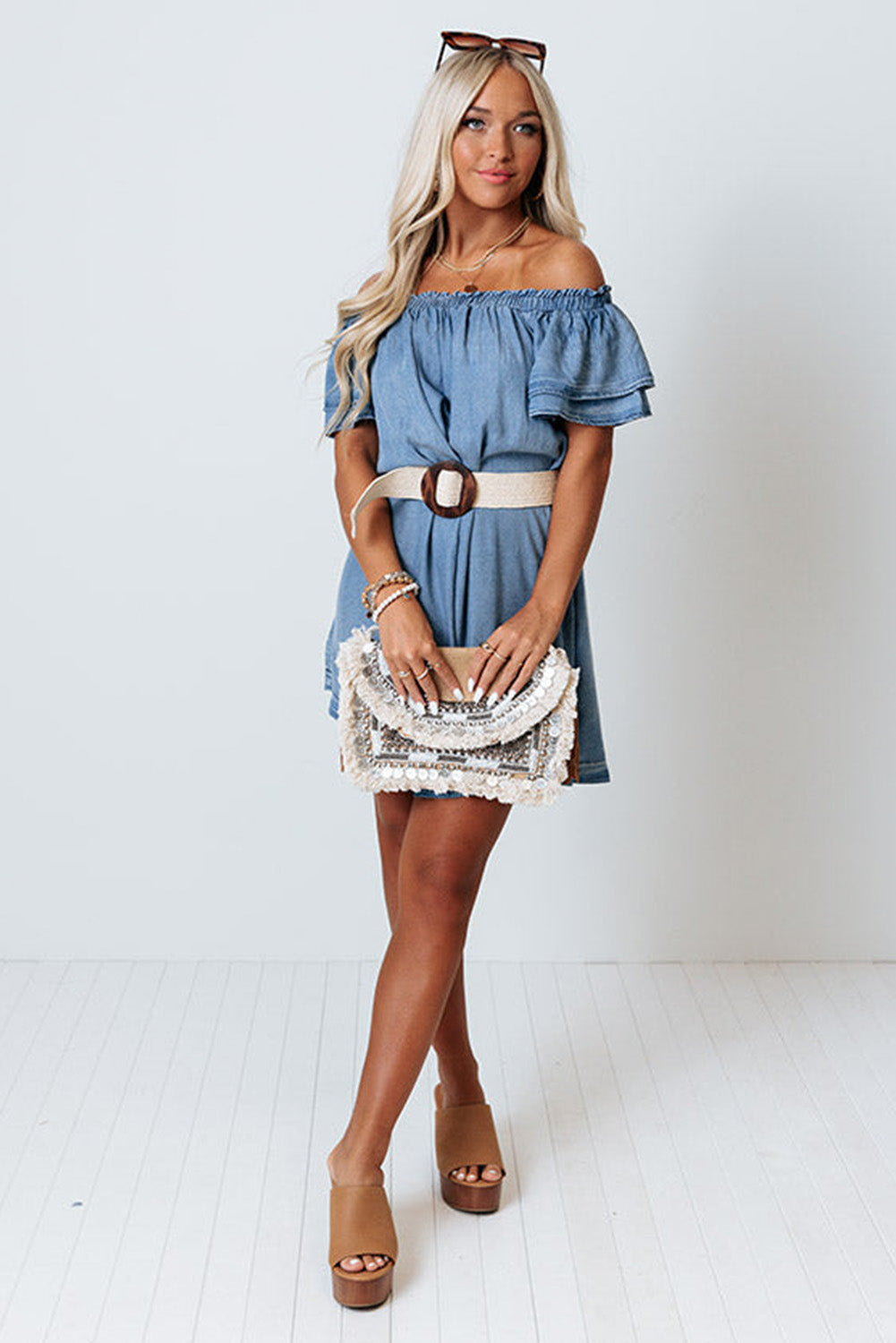 Sky Blue Off-shoulder Ruffle Sleeves Chambray Dress