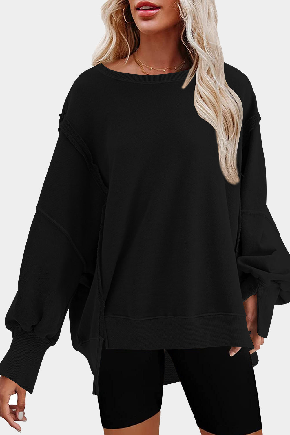 Khaki Exposed Seam Drop Shoulder Slit High Low Hem Sweatshirt