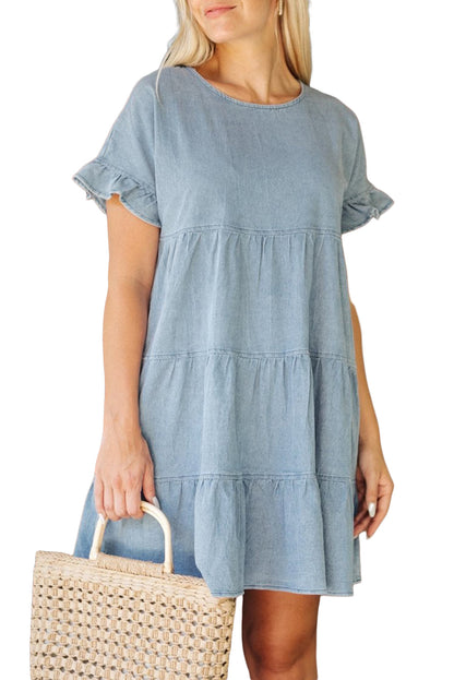 Sky Blue Ruffled Short Sleeves Tiered Denim Dress