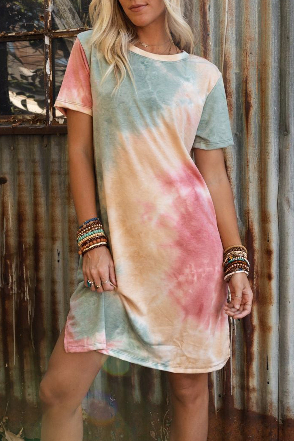 Vestido camisero holgado con abertura y efecto tie dye multicolor