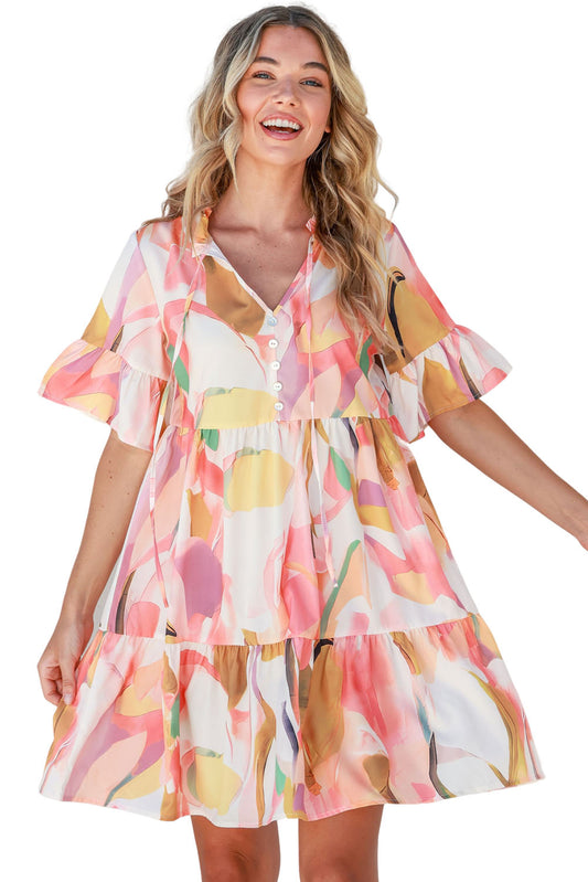 Pink Geometric Print Ruffled Short Sleeve Tied V-Neck Mini Dress