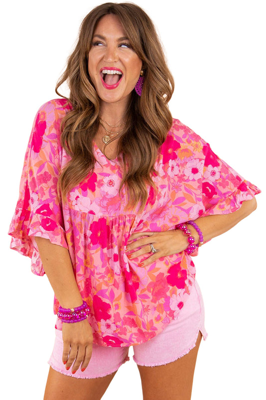 Blusa babydoll de media manga con volantes y estampado floral de rosas 