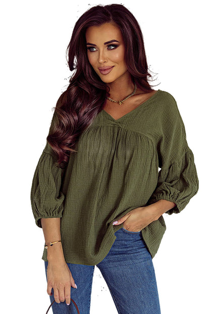 Green Textured V Neck Bracelet Sleeve Babydoll Blouse